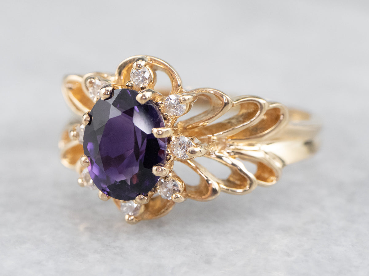 Gold Filigree Amethyst and Diamond Ring