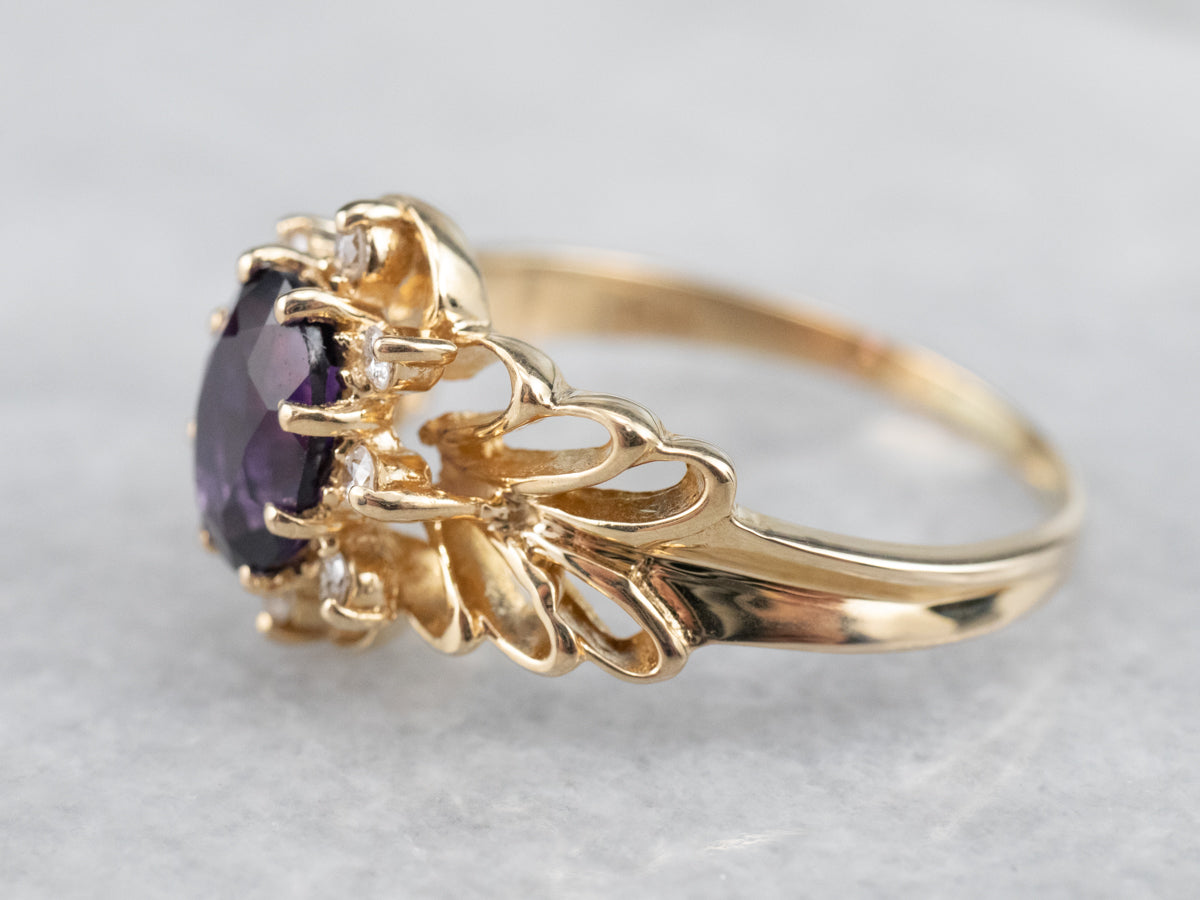 Gold Filigree Amethyst and Diamond Ring