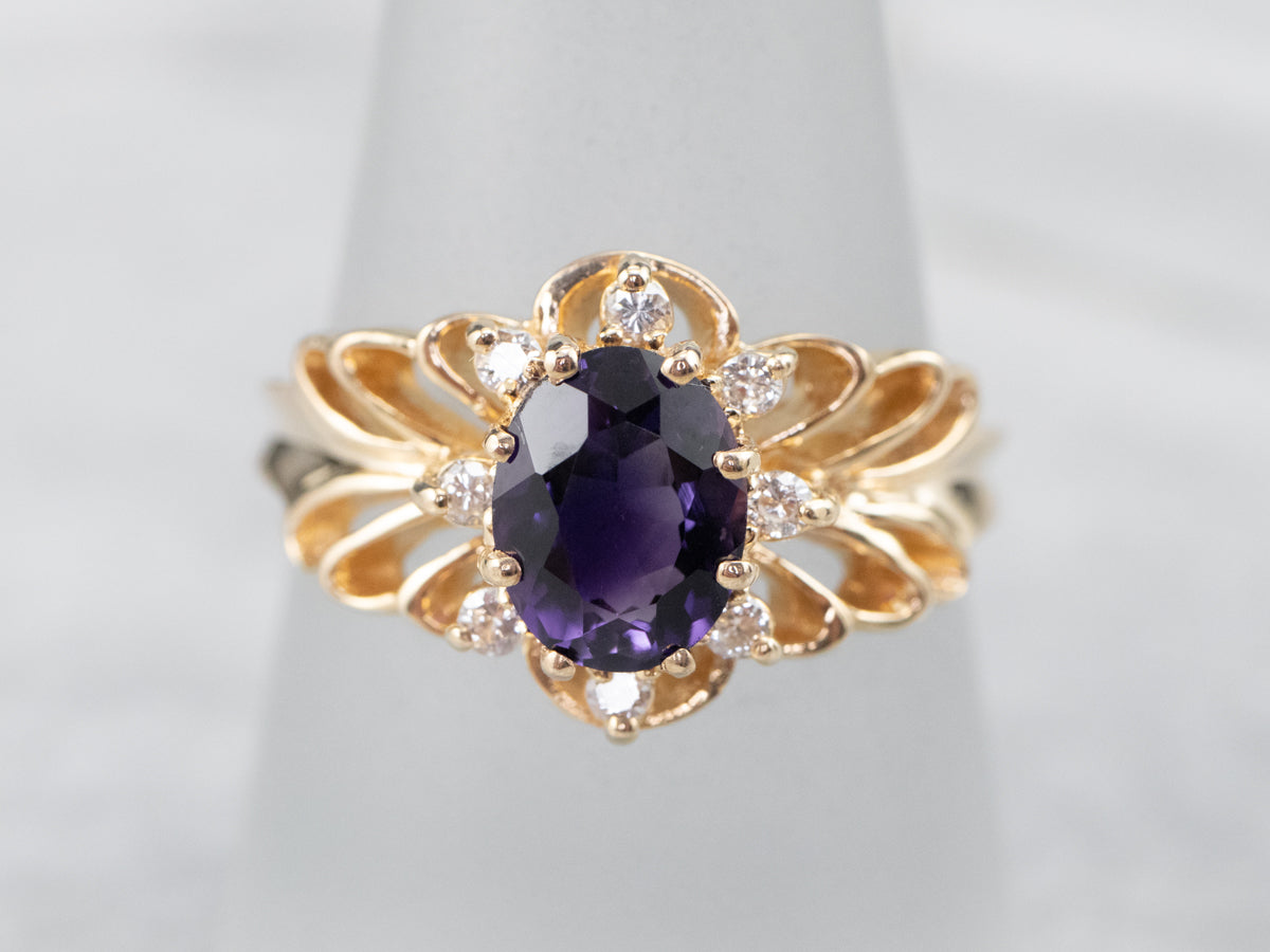Gold Filigree Amethyst and Diamond Ring