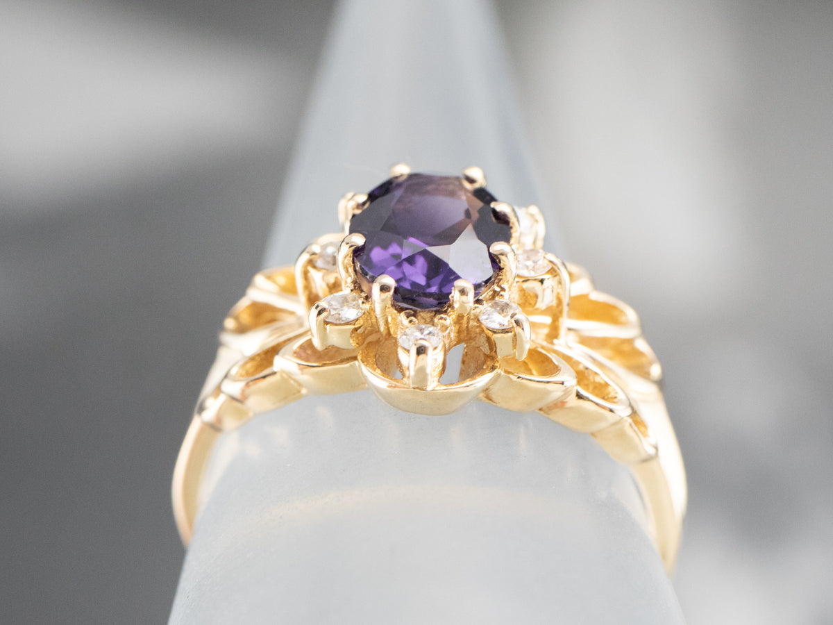 Gold Filigree Amethyst and Diamond Ring