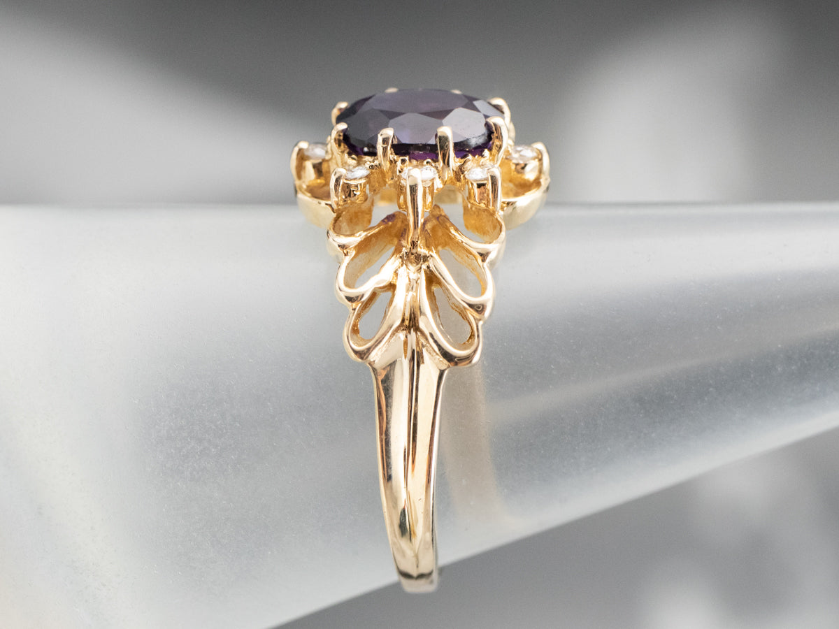Gold Filigree Amethyst and Diamond Ring