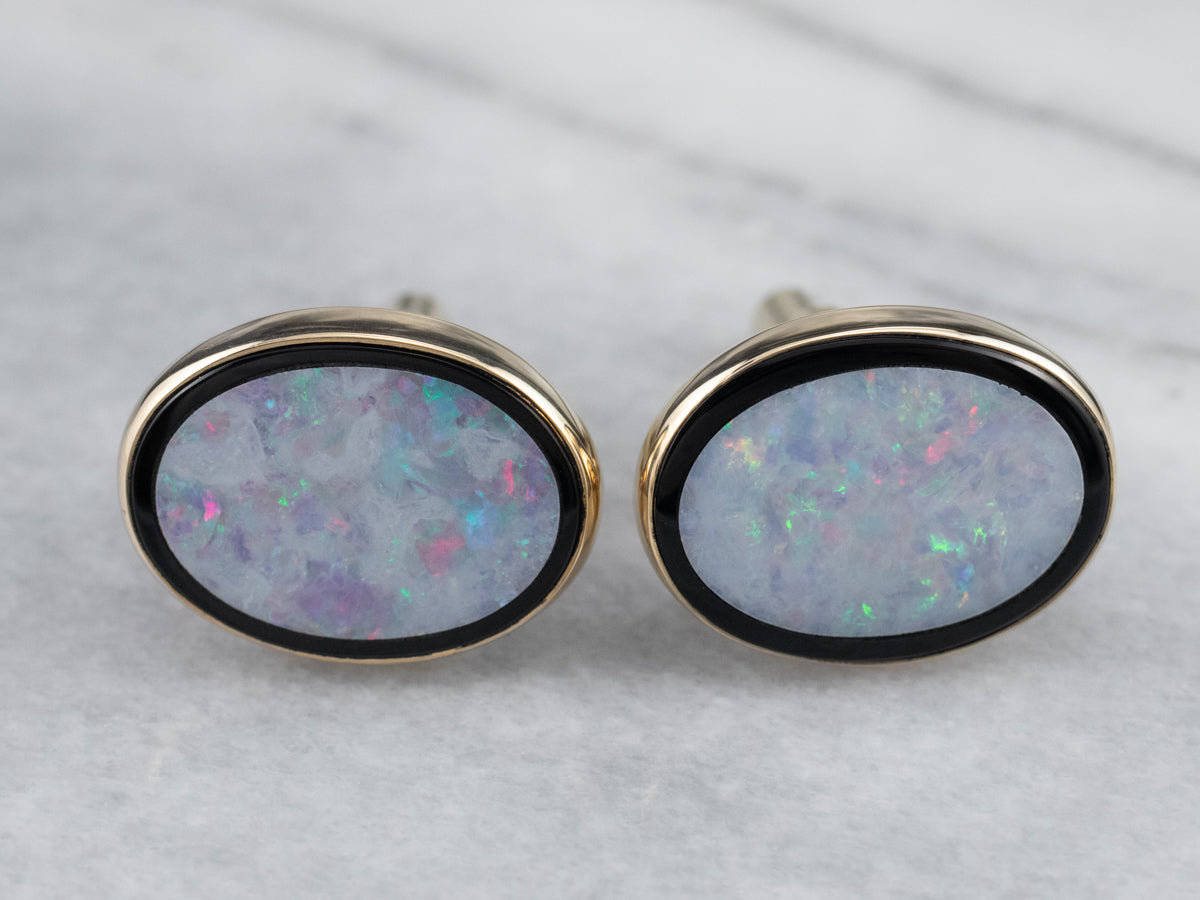Gold Black Onyx and Opal Cufflinks