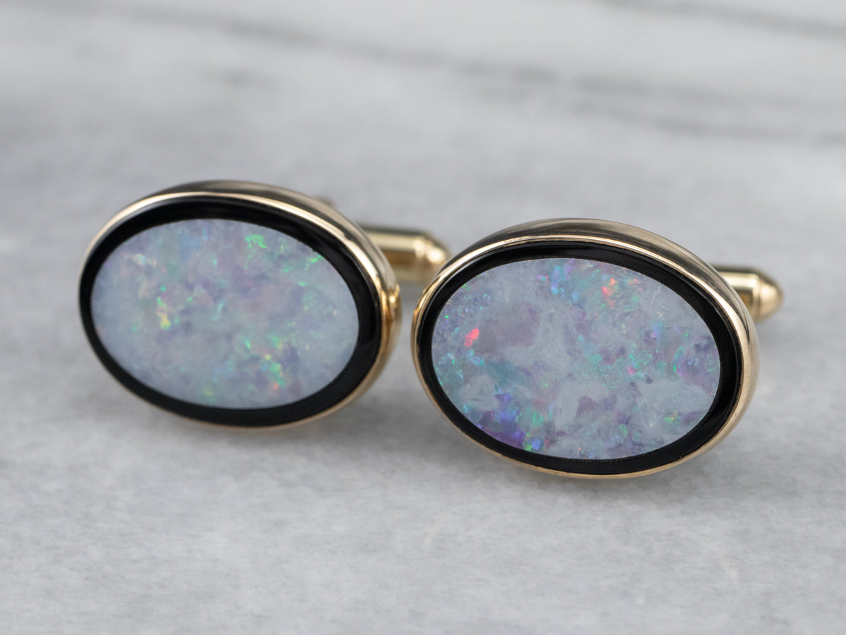 Gold Black Onyx and Opal Cufflinks