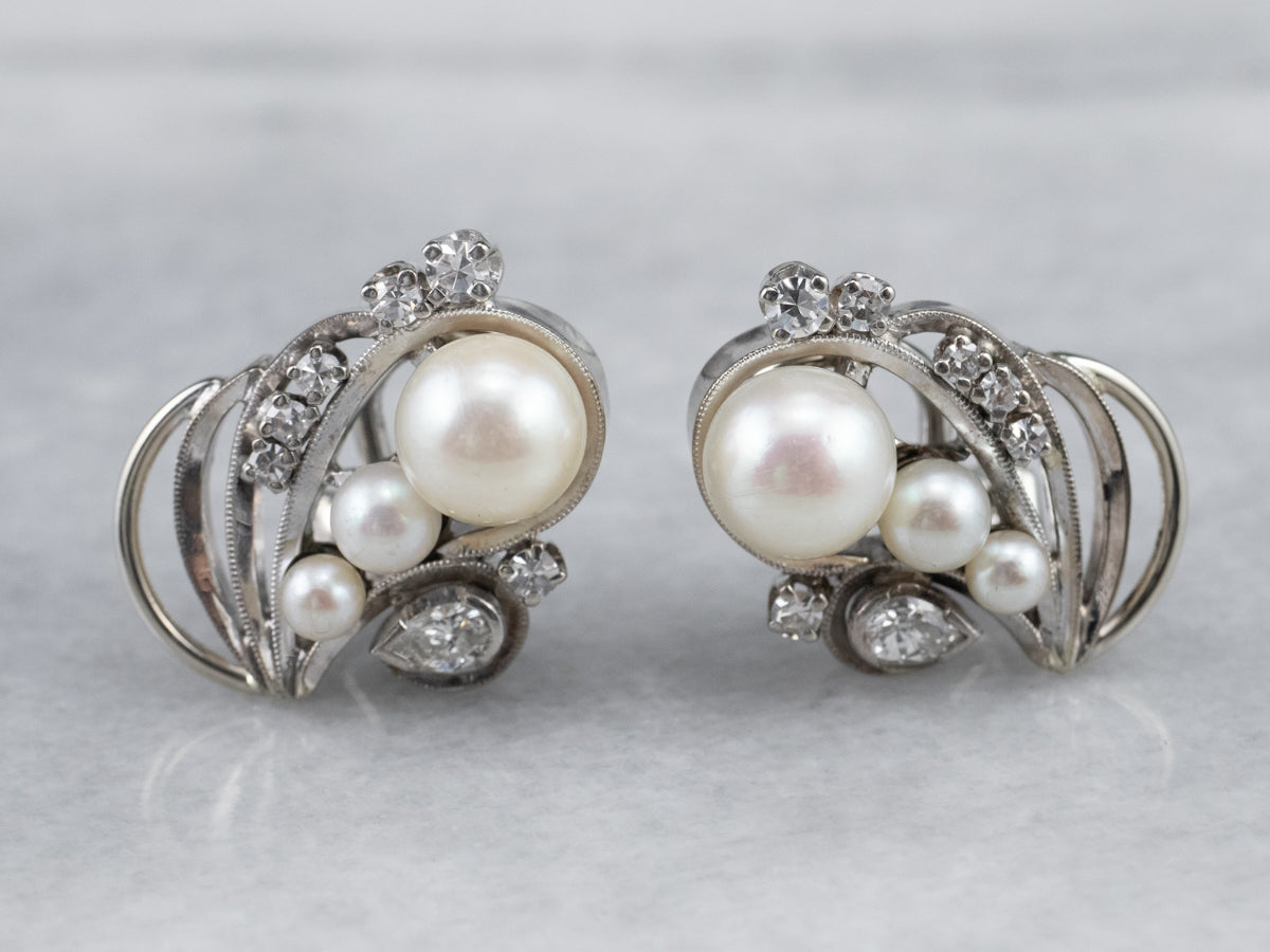 Retro Era Pearl and Diamond Stud Earrings