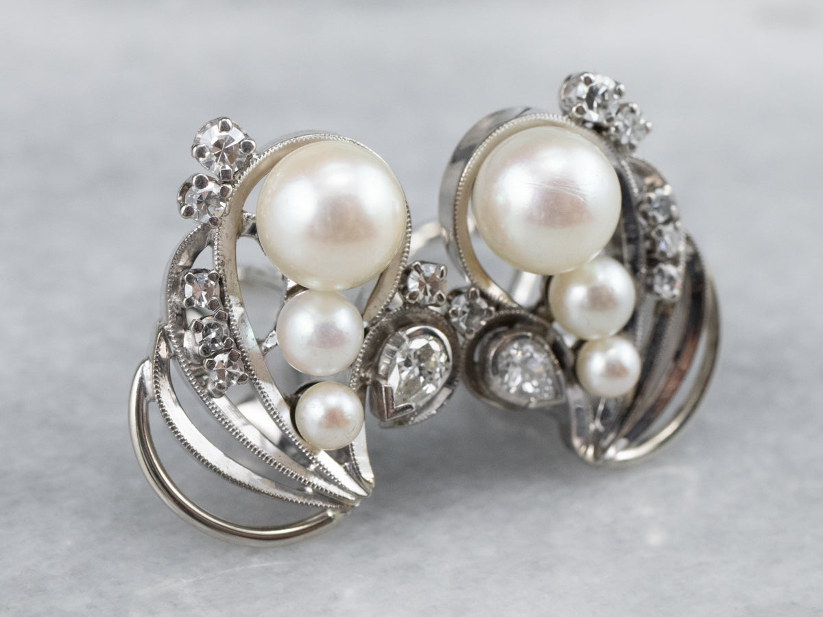 Retro Era Pearl and Diamond Stud Earrings
