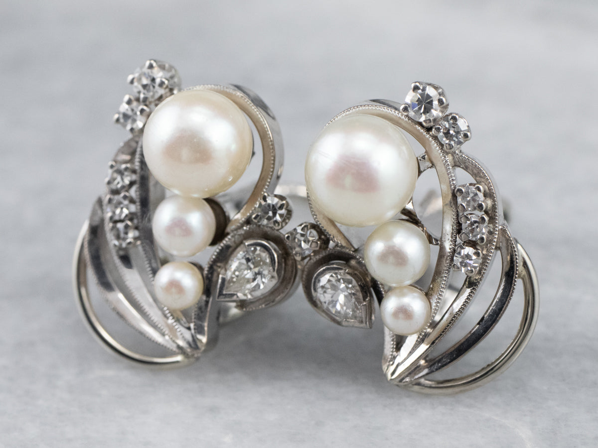 Retro Era Pearl and Diamond Stud Earrings