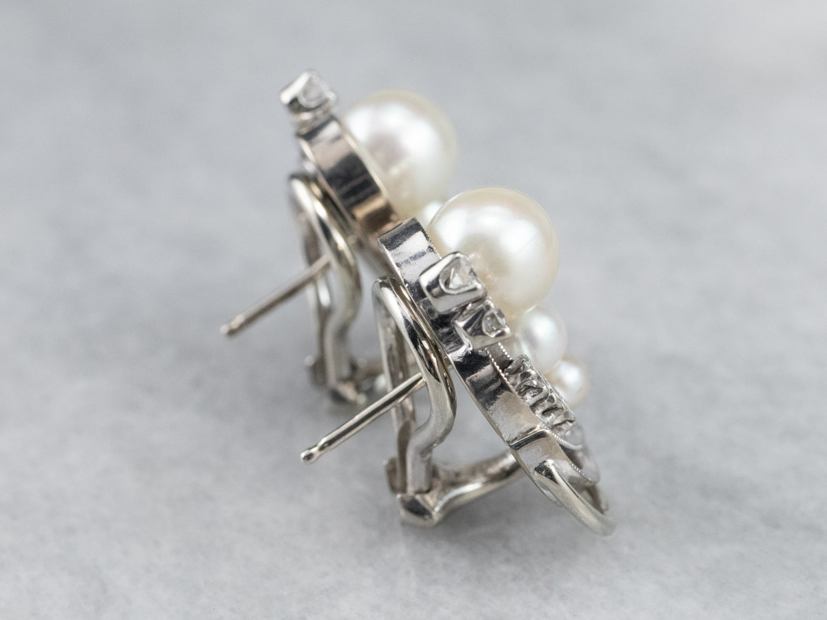 Retro Era Pearl and Diamond Stud Earrings