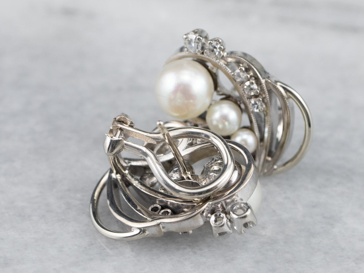 Retro Era Pearl and Diamond Stud Earrings