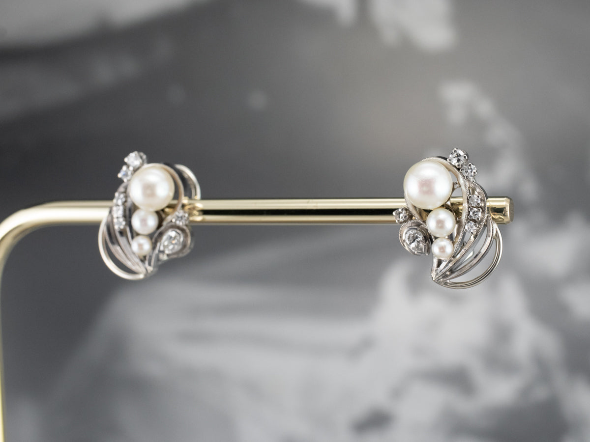 Retro Era Pearl and Diamond Stud Earrings