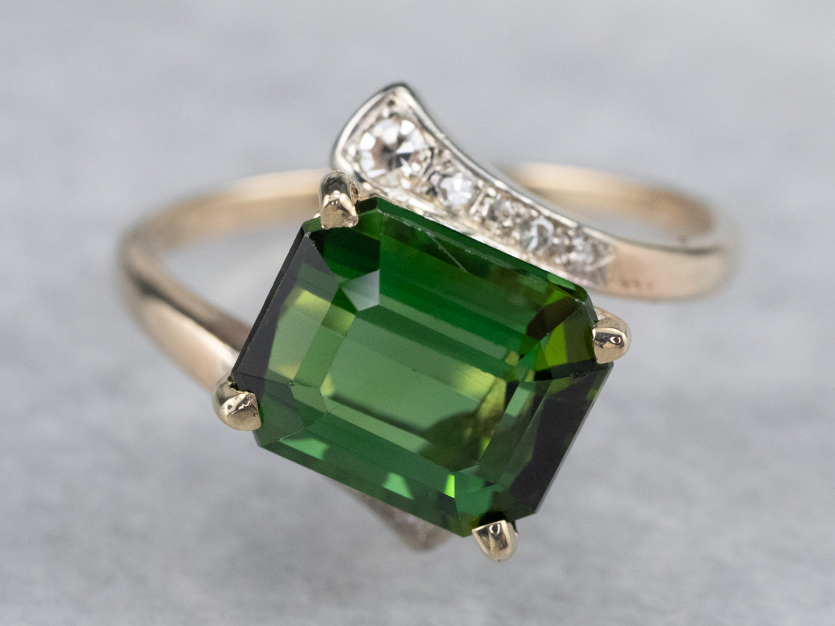 Retro Green Tourmaline and Diamond Bypass Ring