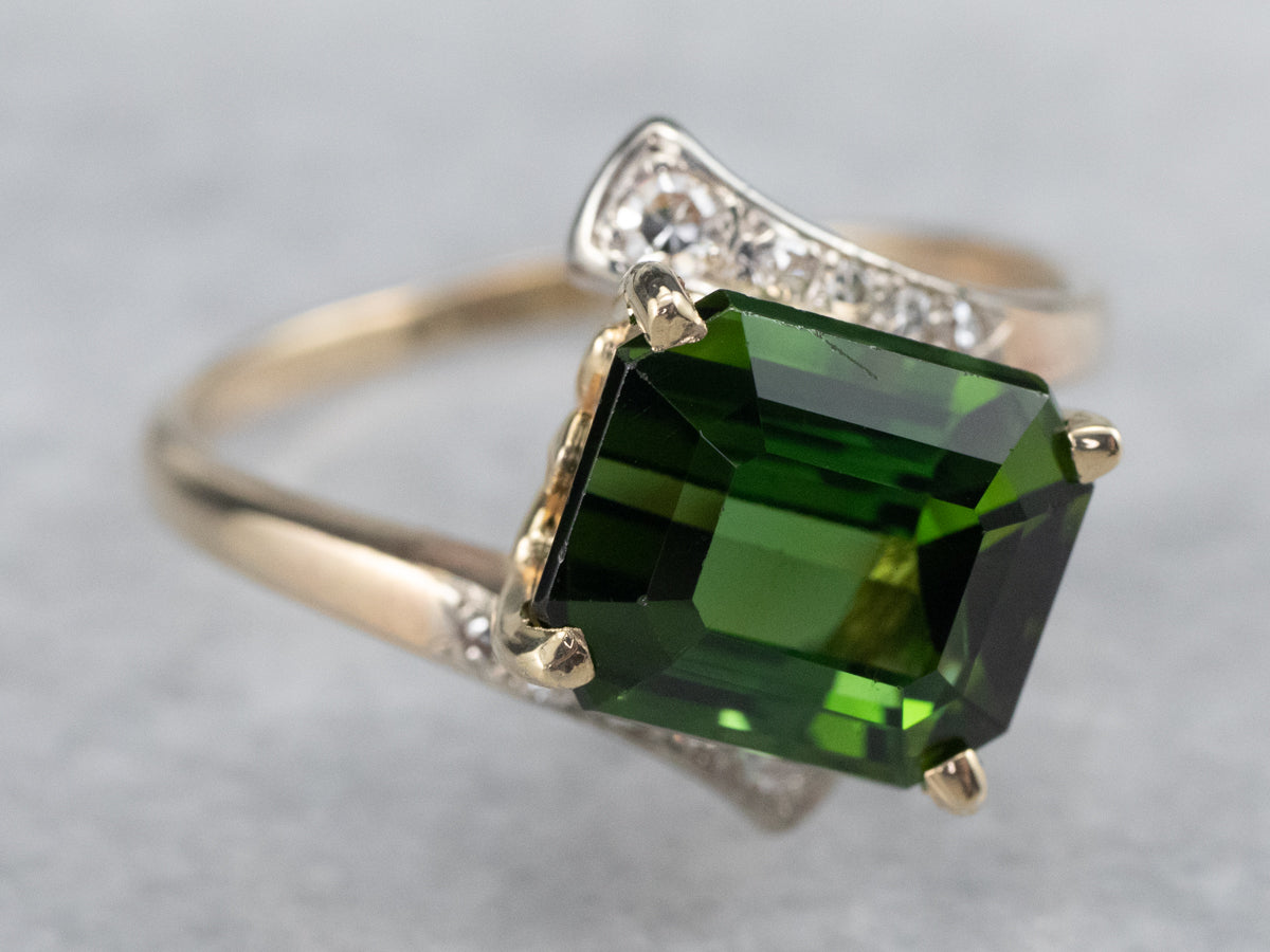 Retro Green Tourmaline and Diamond Bypass Ring
