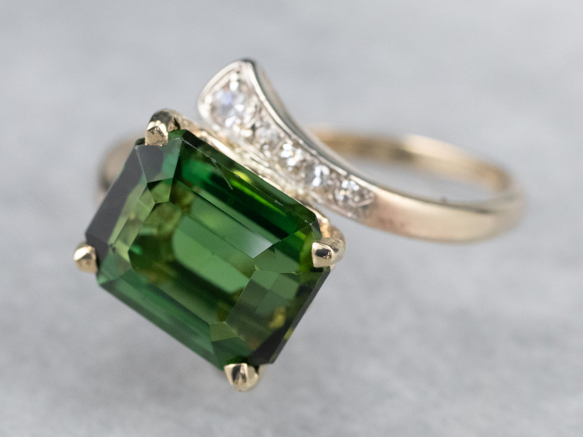 Retro Green Tourmaline and Diamond Bypass Ring