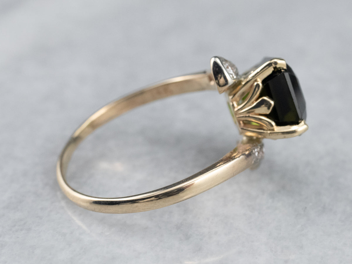 Retro Green Tourmaline and Diamond Bypass Ring