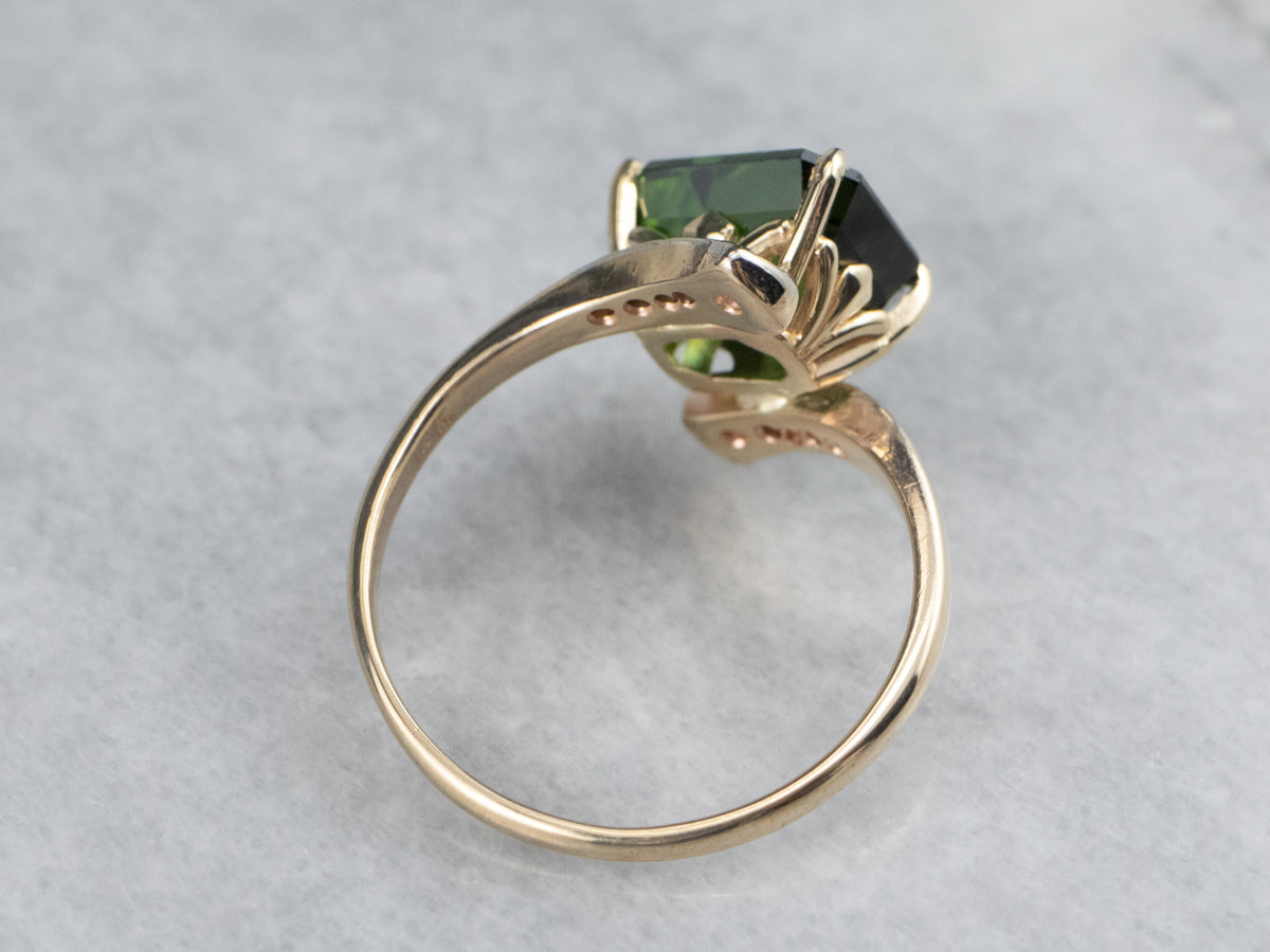 Retro Green Tourmaline and Diamond Bypass Ring