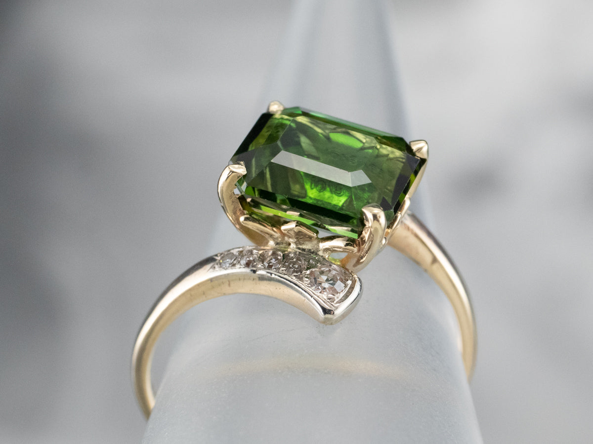 Retro Green Tourmaline and Diamond Bypass Ring