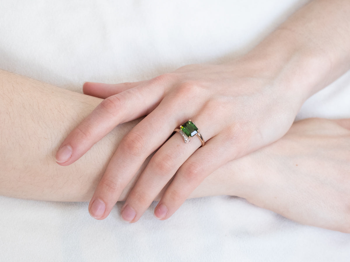 Retro Green Tourmaline and Diamond Bypass Ring
