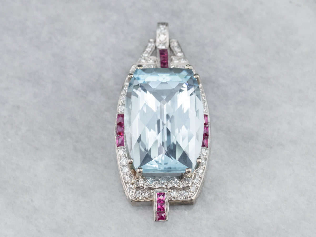 Spectacular Natural Blue Topaz, Diamond and Ruby Pendant from the Art Deco Era