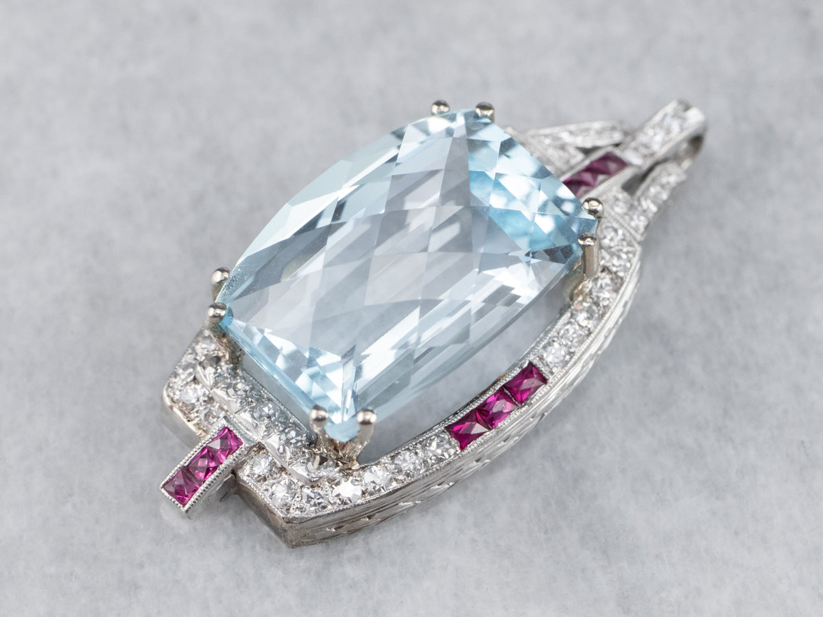 Spectacular Natural Blue Topaz, Diamond and Ruby Pendant from the Art Deco Era