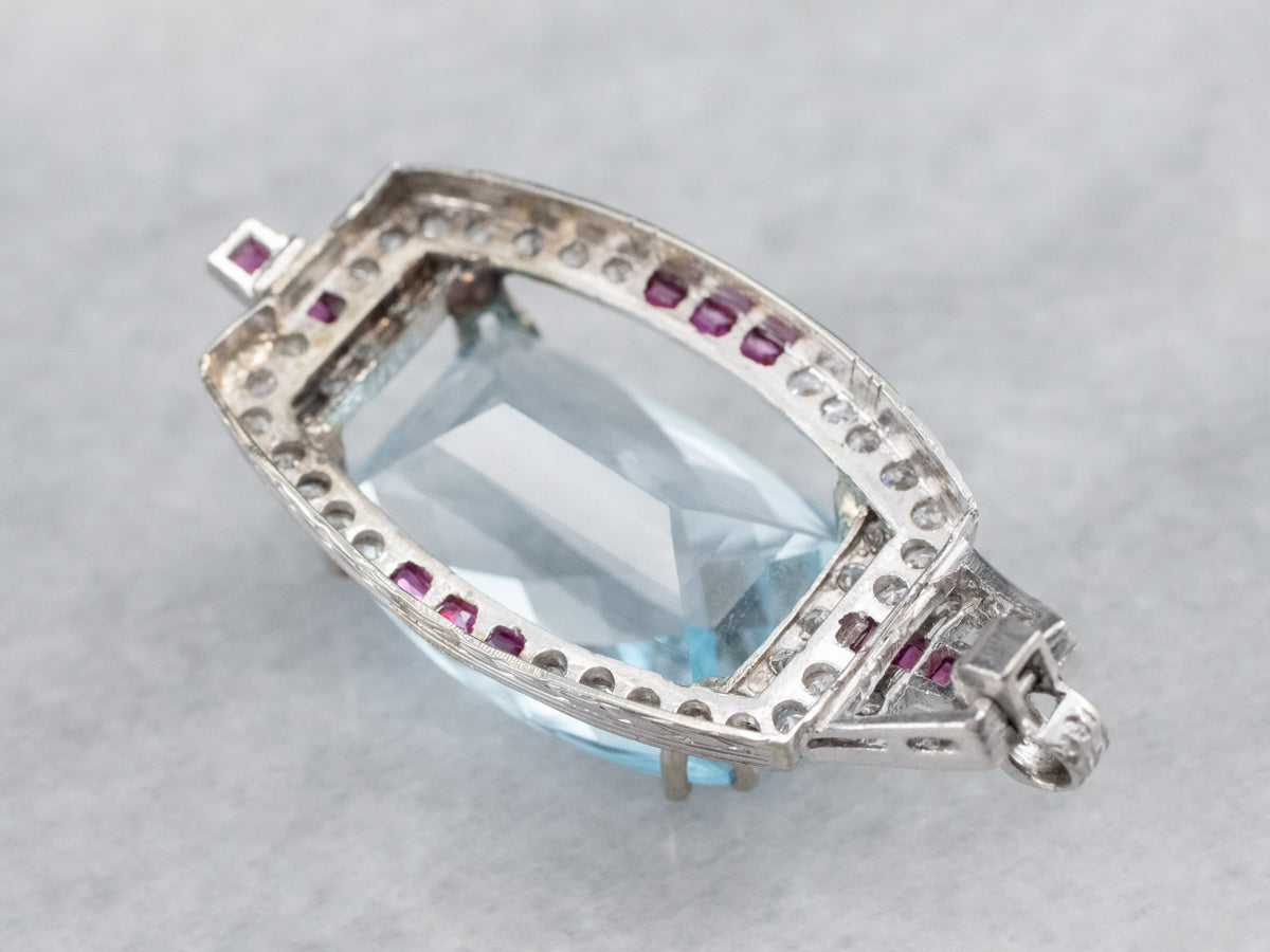 Spectacular Natural Blue Topaz, Diamond and Ruby Pendant from the Art Deco Era