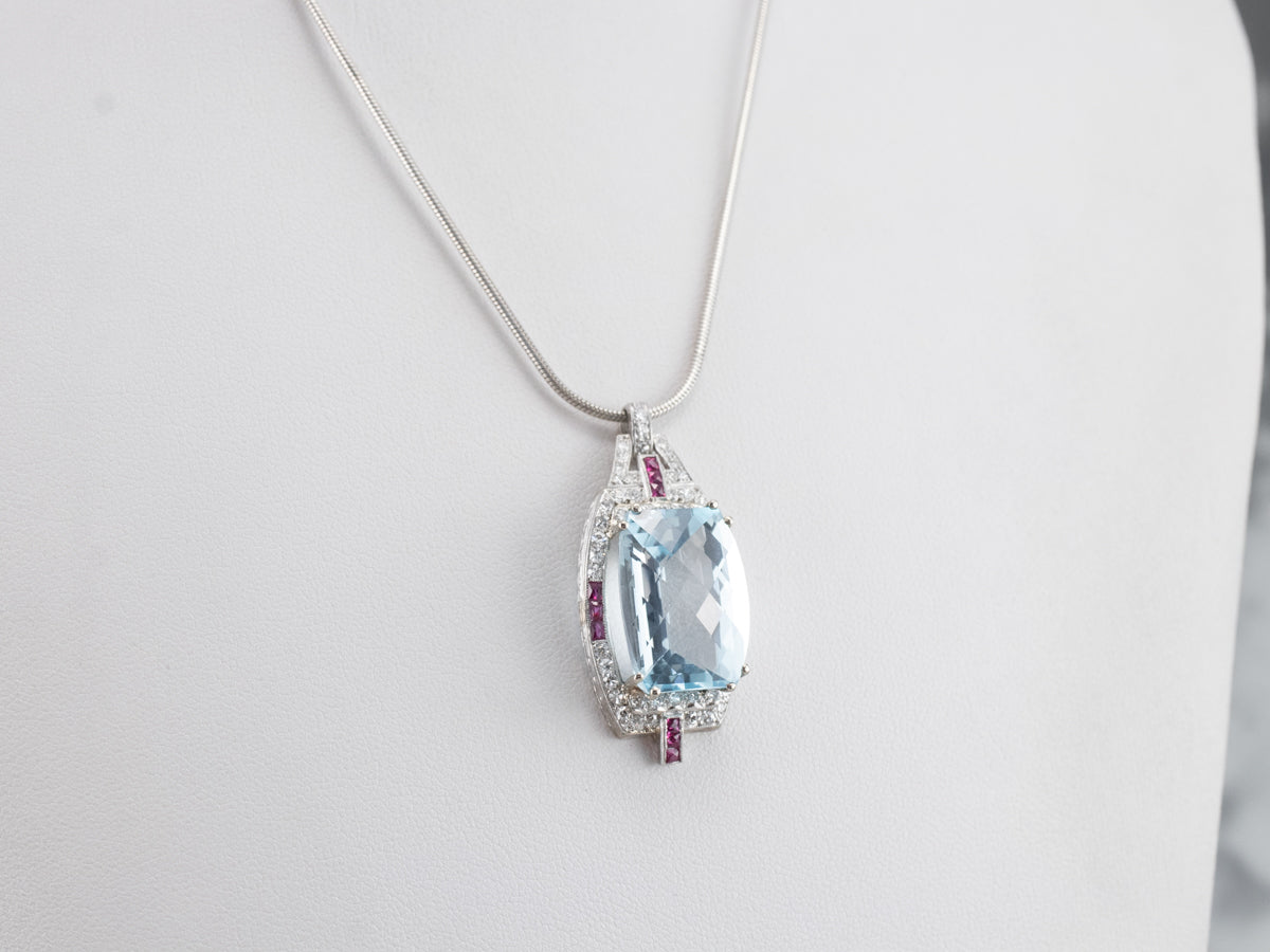 Spectacular Natural Blue Topaz, Diamond and Ruby Pendant from the Art Deco Era