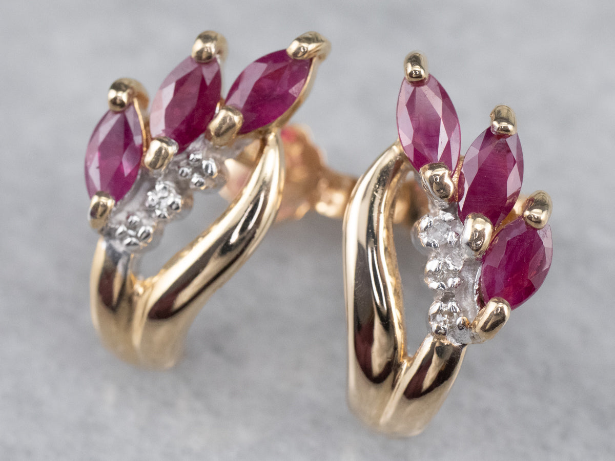 Marquise Ruby and Diamond Stud Earrings