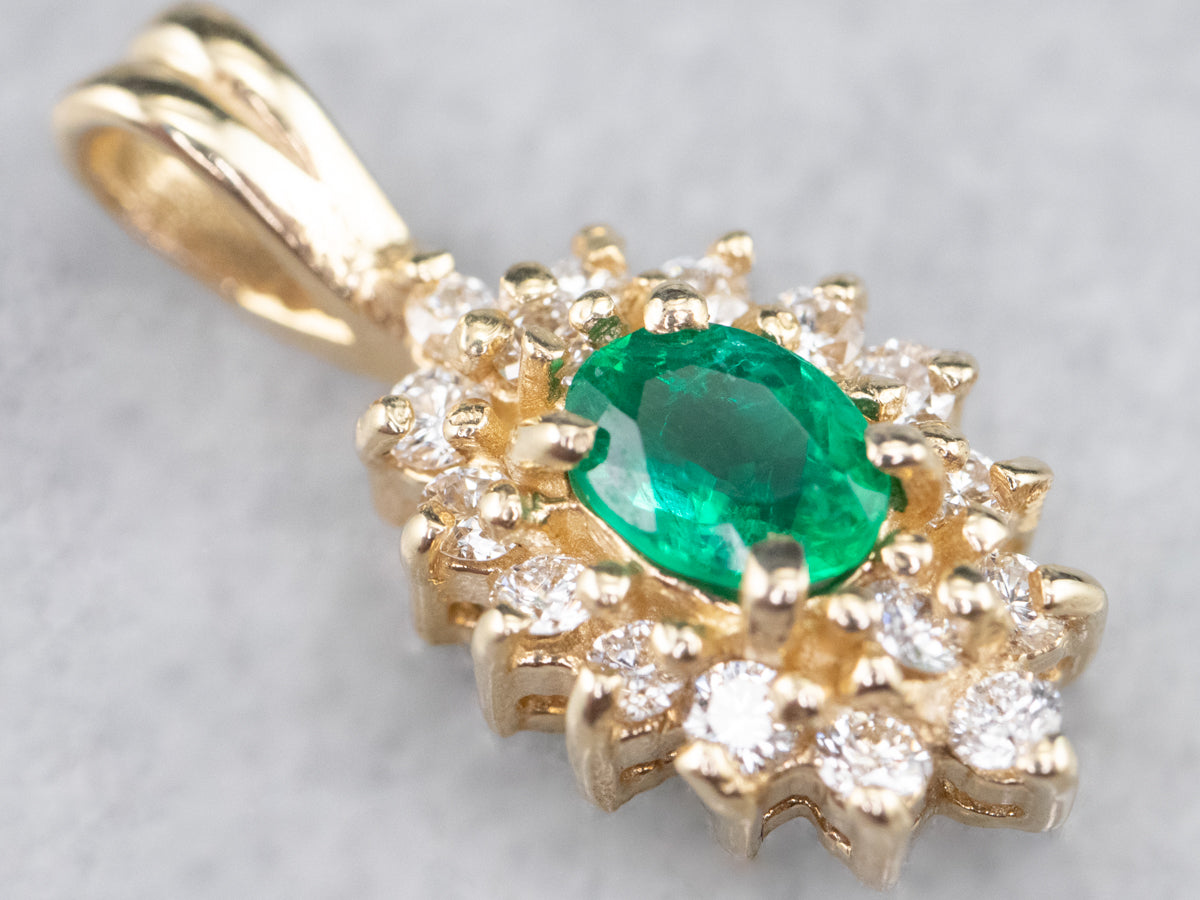 Gold Emerald and Diamond Halo Pendant