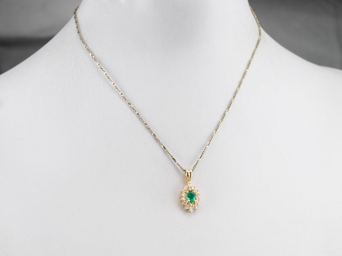 Gold Emerald and Diamond Halo Pendant