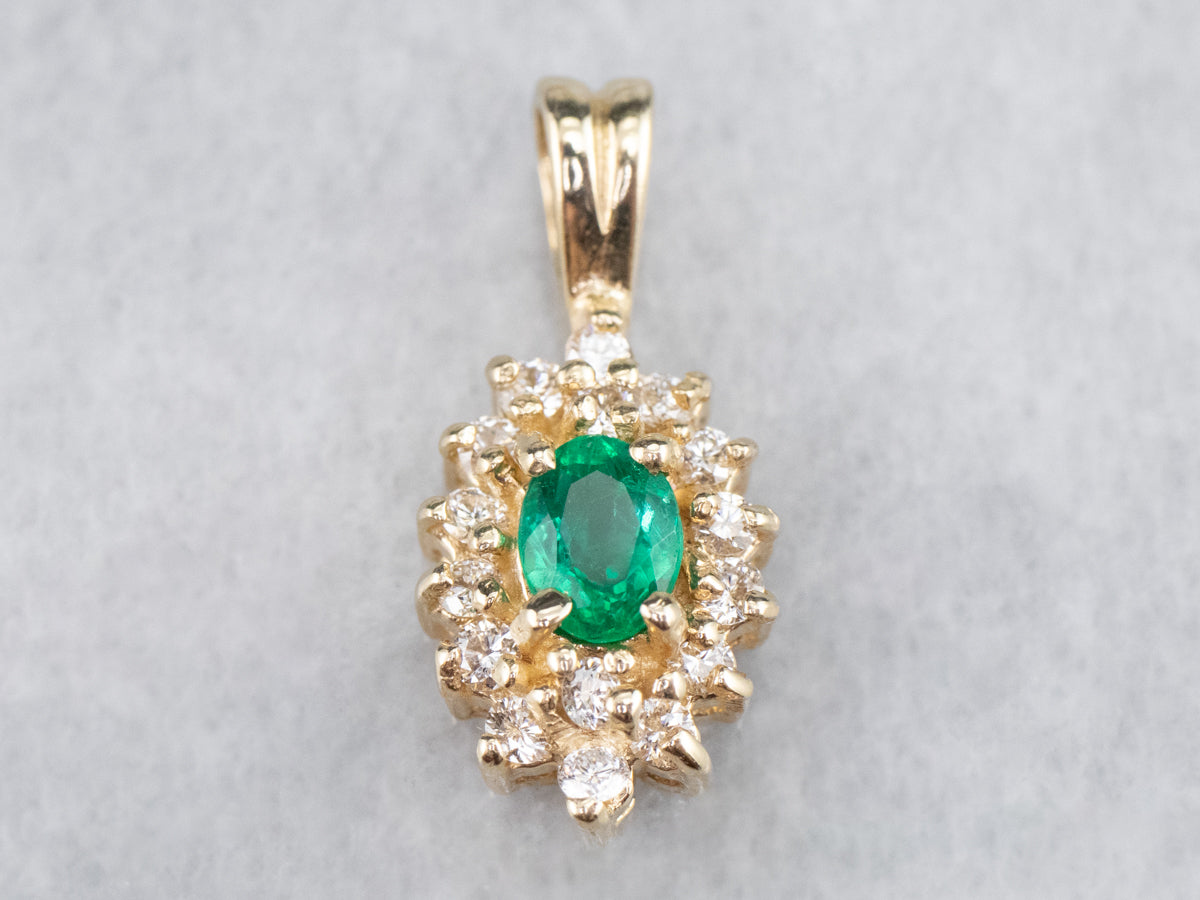 Gold Emerald and Diamond Halo Pendant