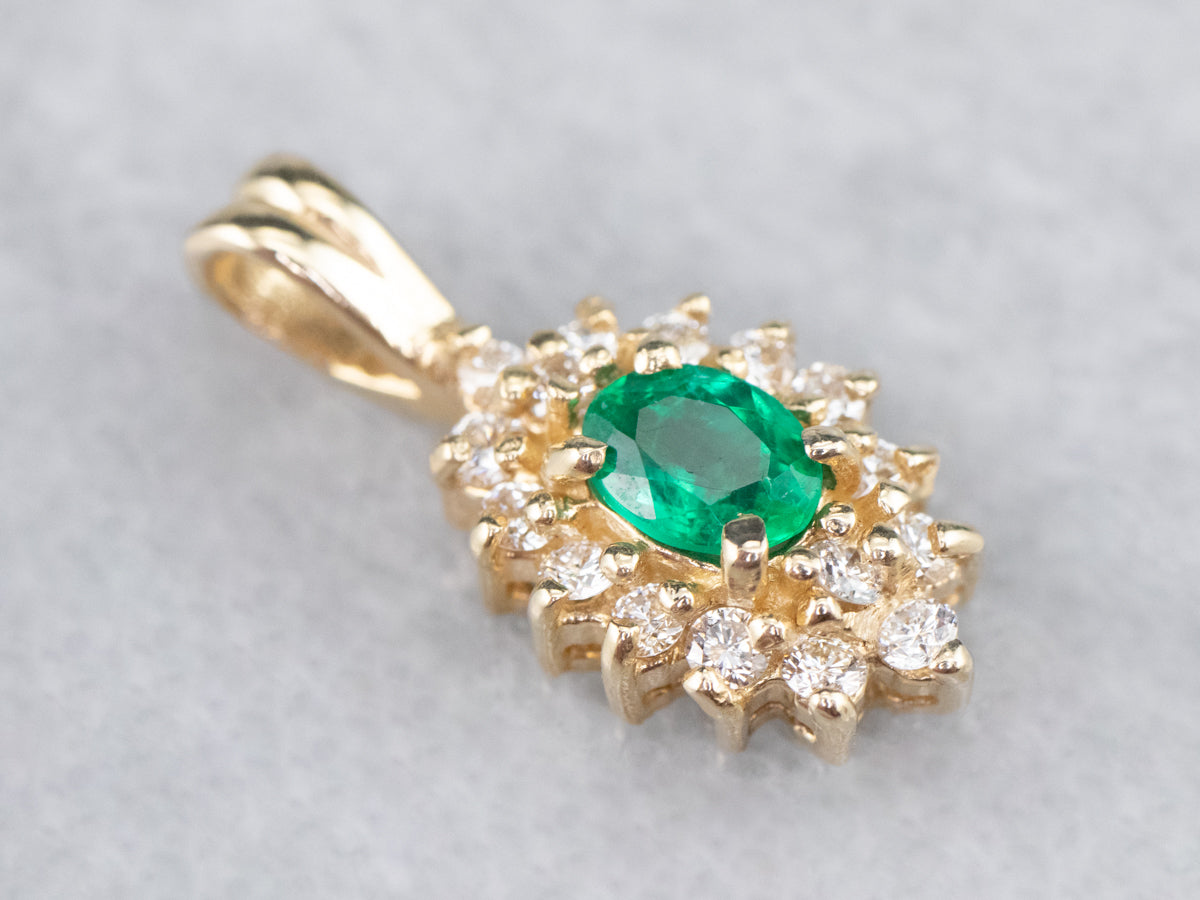 Gold Emerald and Diamond Halo Pendant