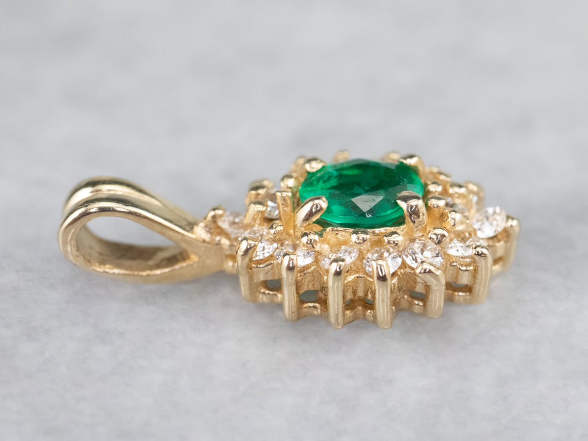 Gold Emerald and Diamond Halo Pendant