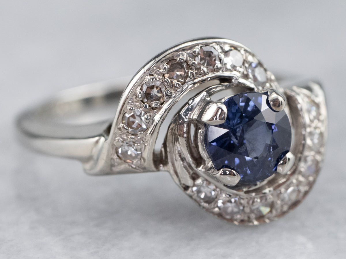 Retro Sapphire and Diamond Bypass Cocktail Ring