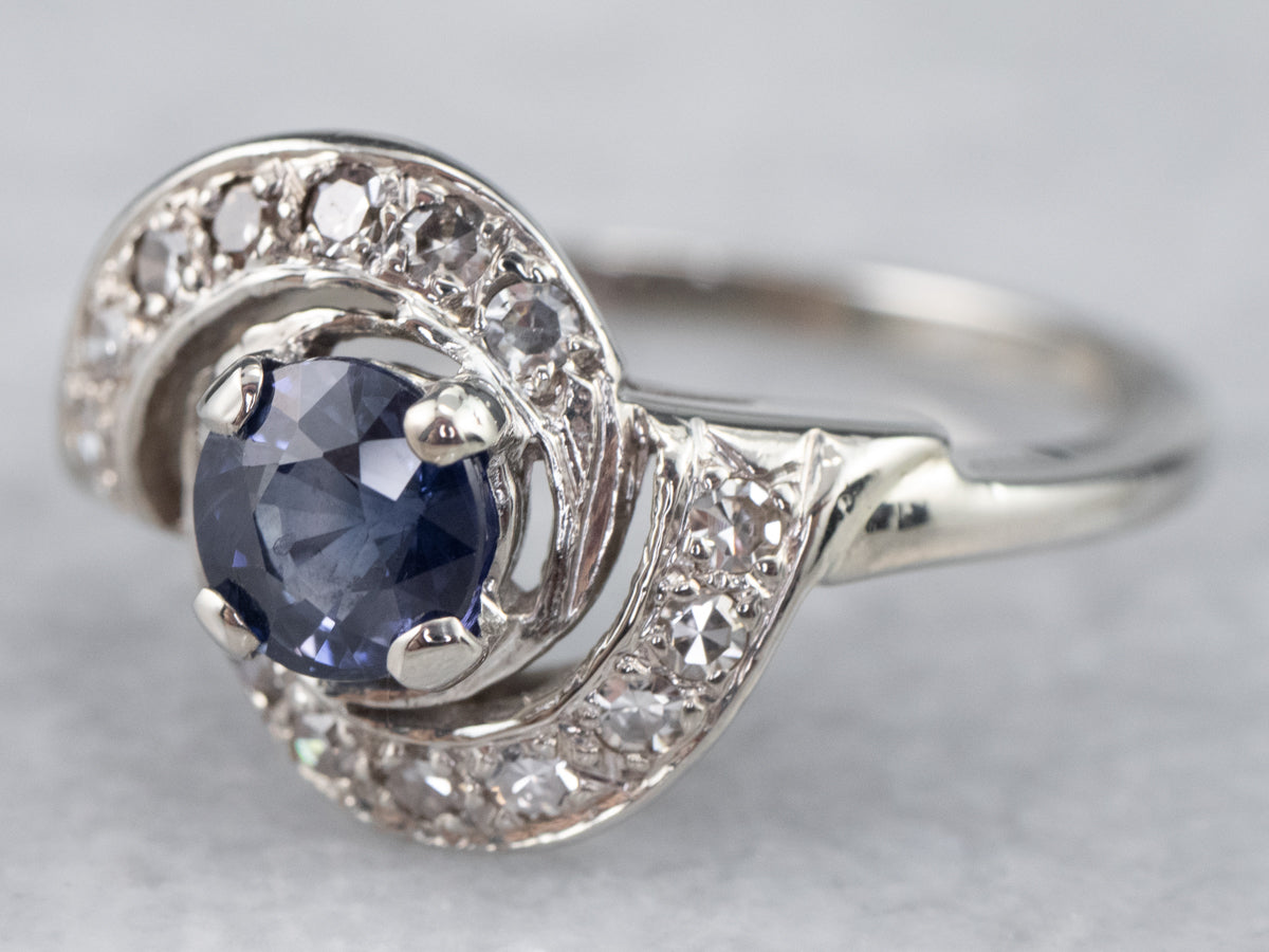 Retro Sapphire and Diamond Bypass Cocktail Ring