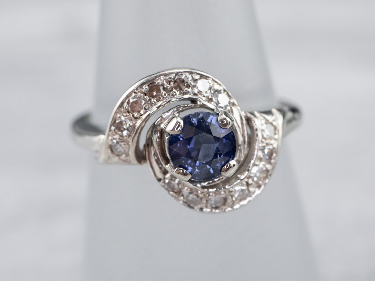 Retro Sapphire and Diamond Bypass Cocktail Ring
