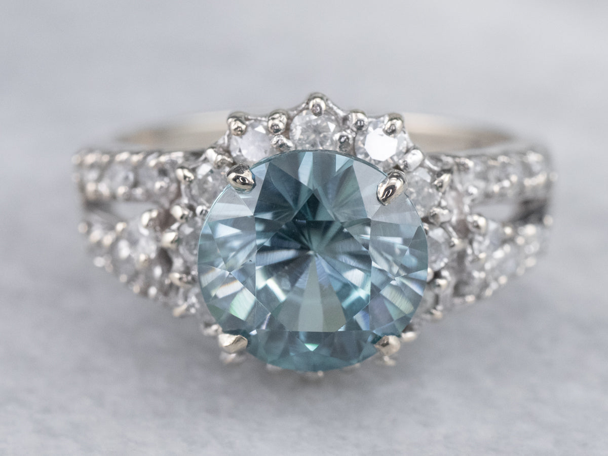 Large Blue Zircon and Diamond Halo Ring
