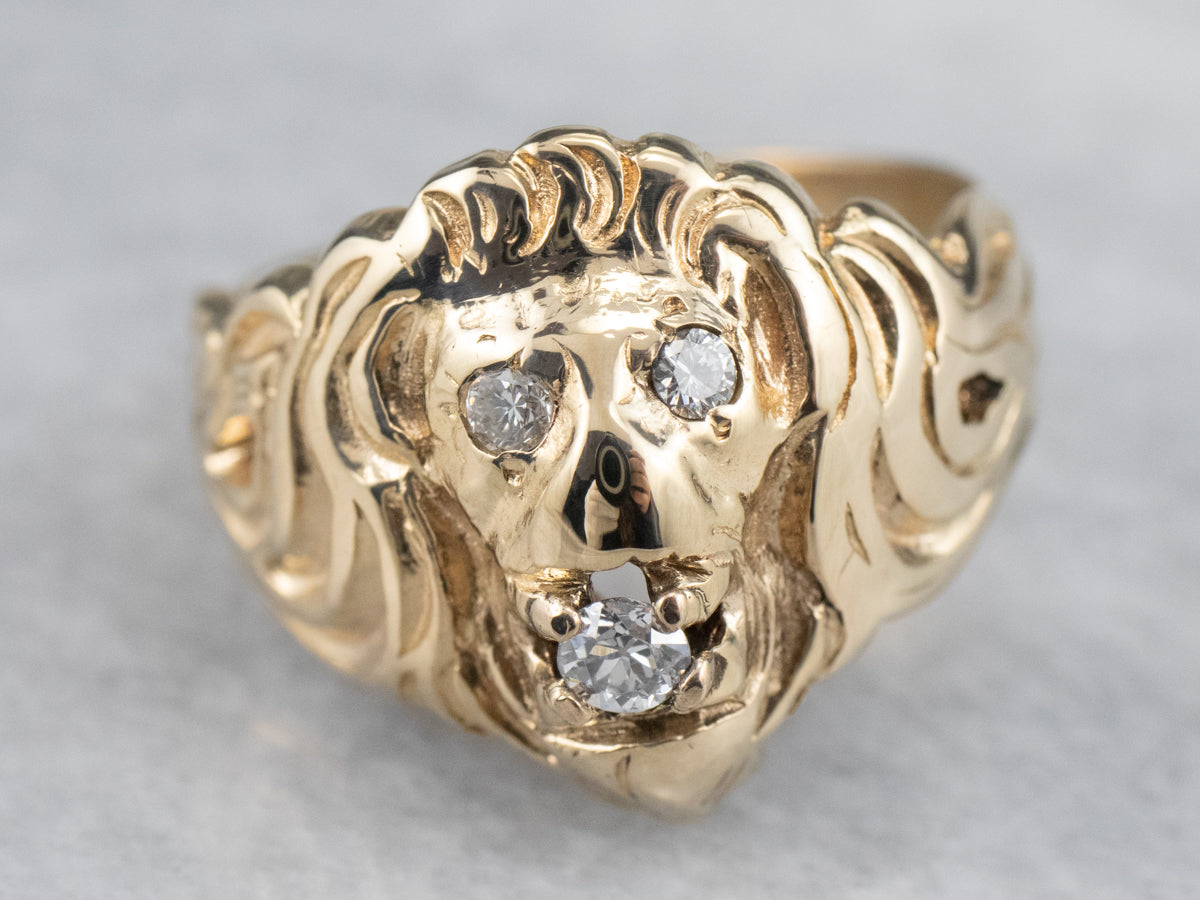 Unisex Gold Diamond Lion Head Ring