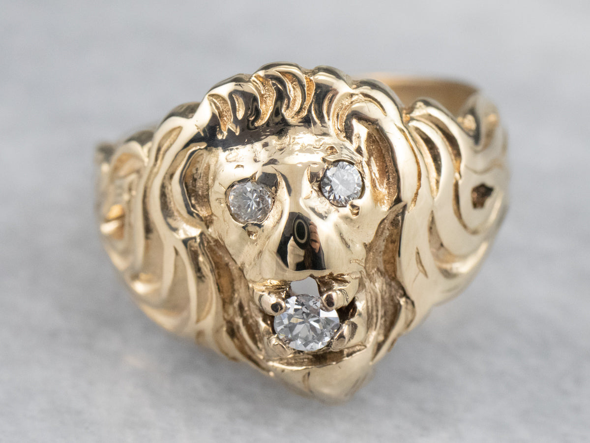 Carved 18 Karat Yellow Gold Lion Head Ring with Ruby Eyes and Diamond Bit  For Sale at 1stDibs | gold lion ring with ruby eyes, gold lion ring ruby  eyes, 18k gold