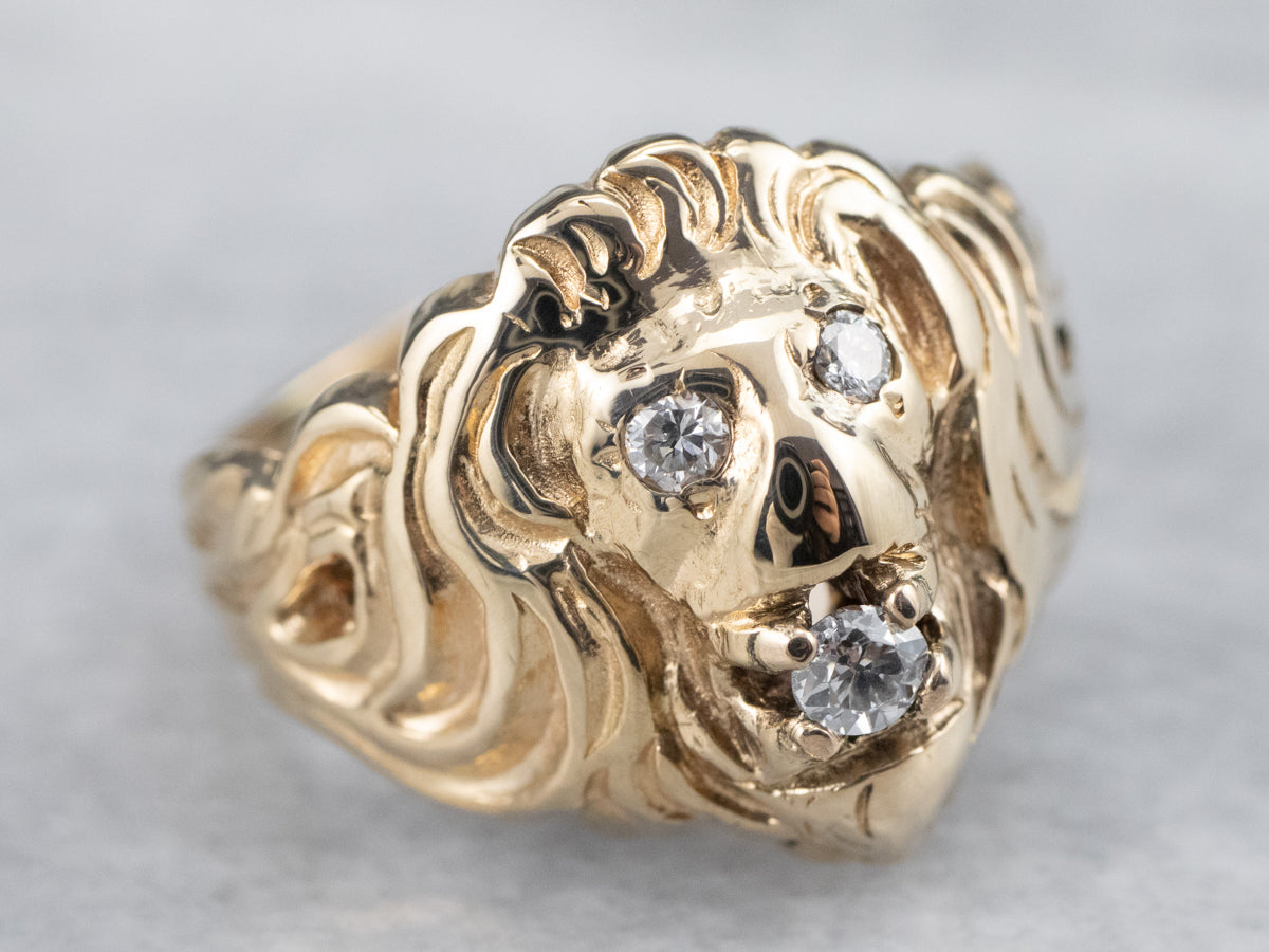 Unisex Gold Diamond Lion Head Ring