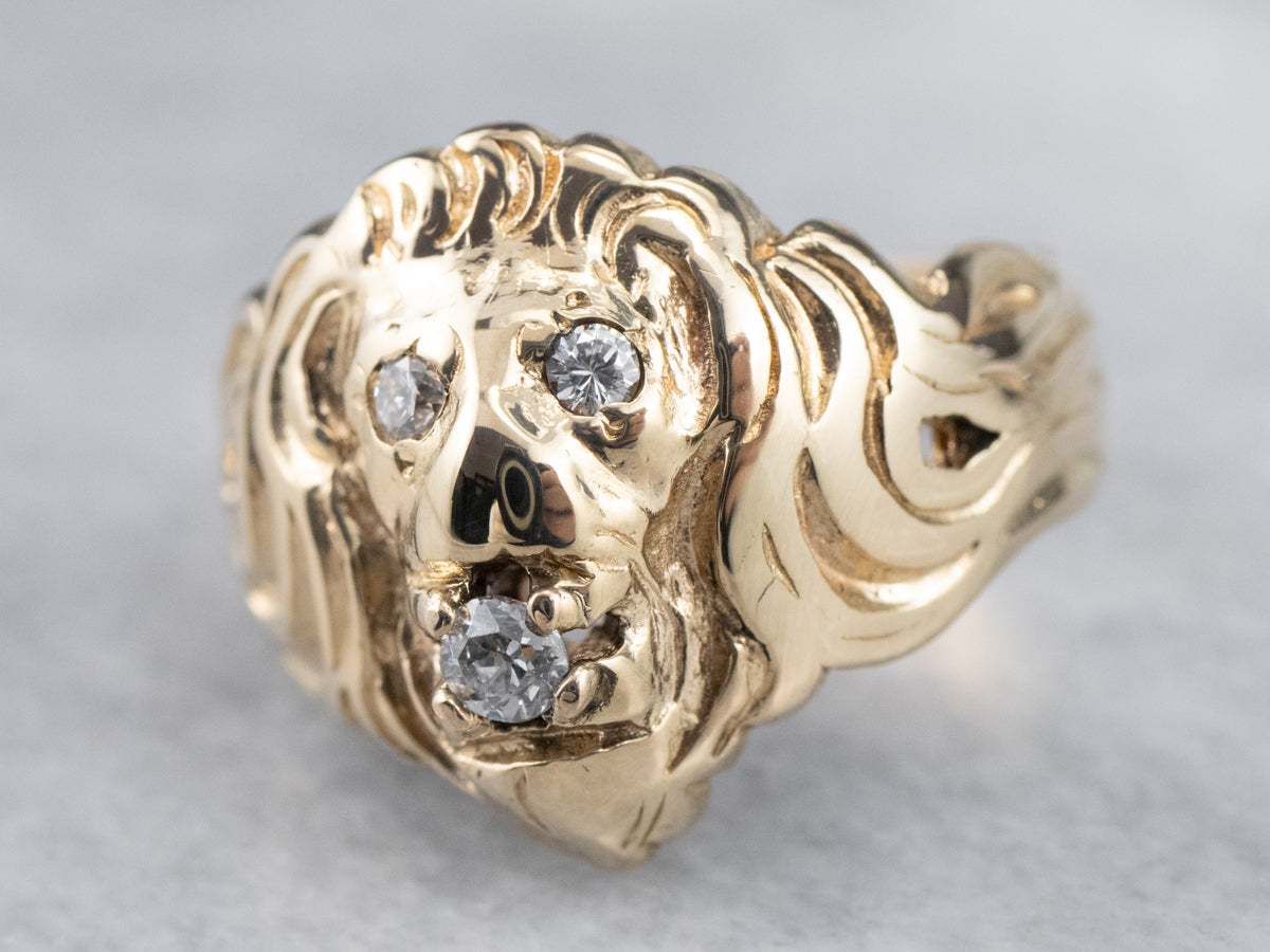 Unisex Gold Diamond Lion Head Ring