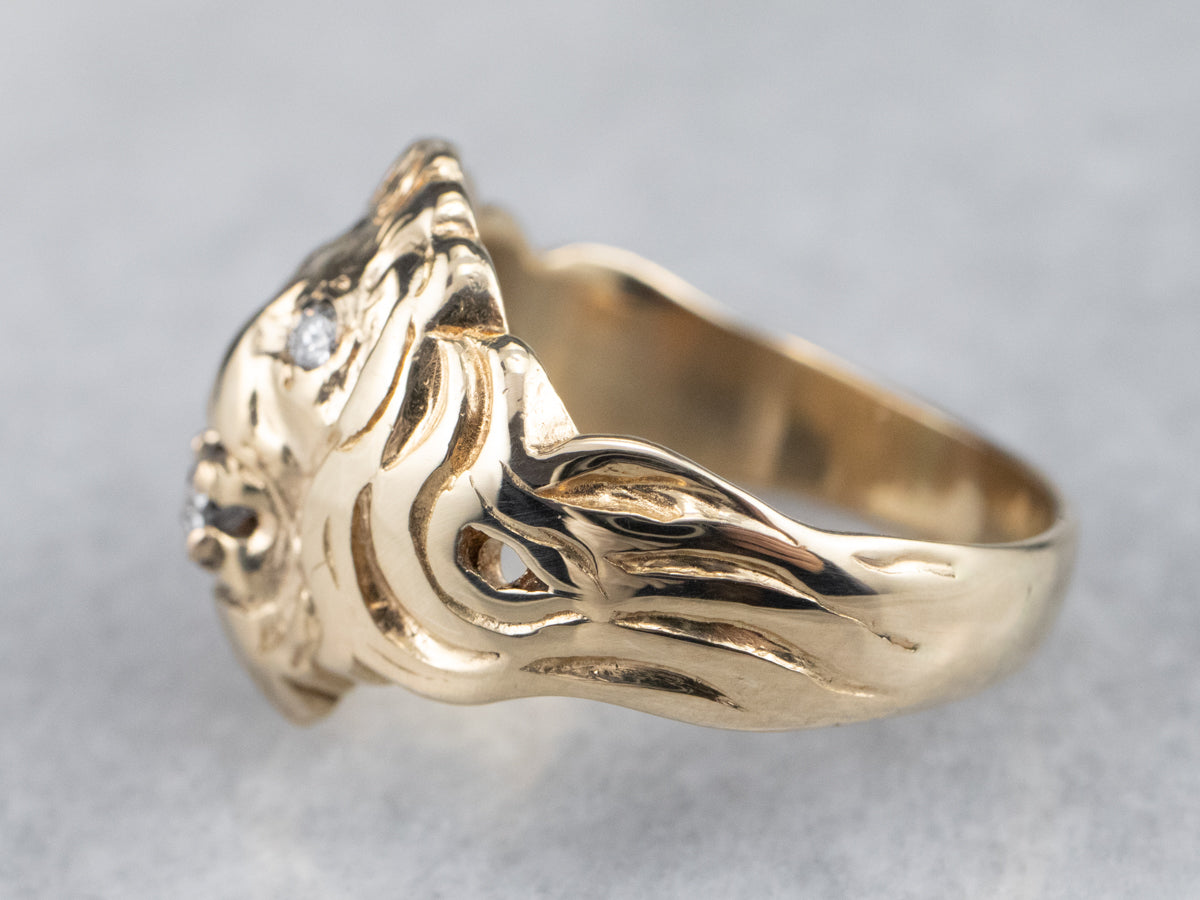 Unisex Gold Diamond Lion Head Ring