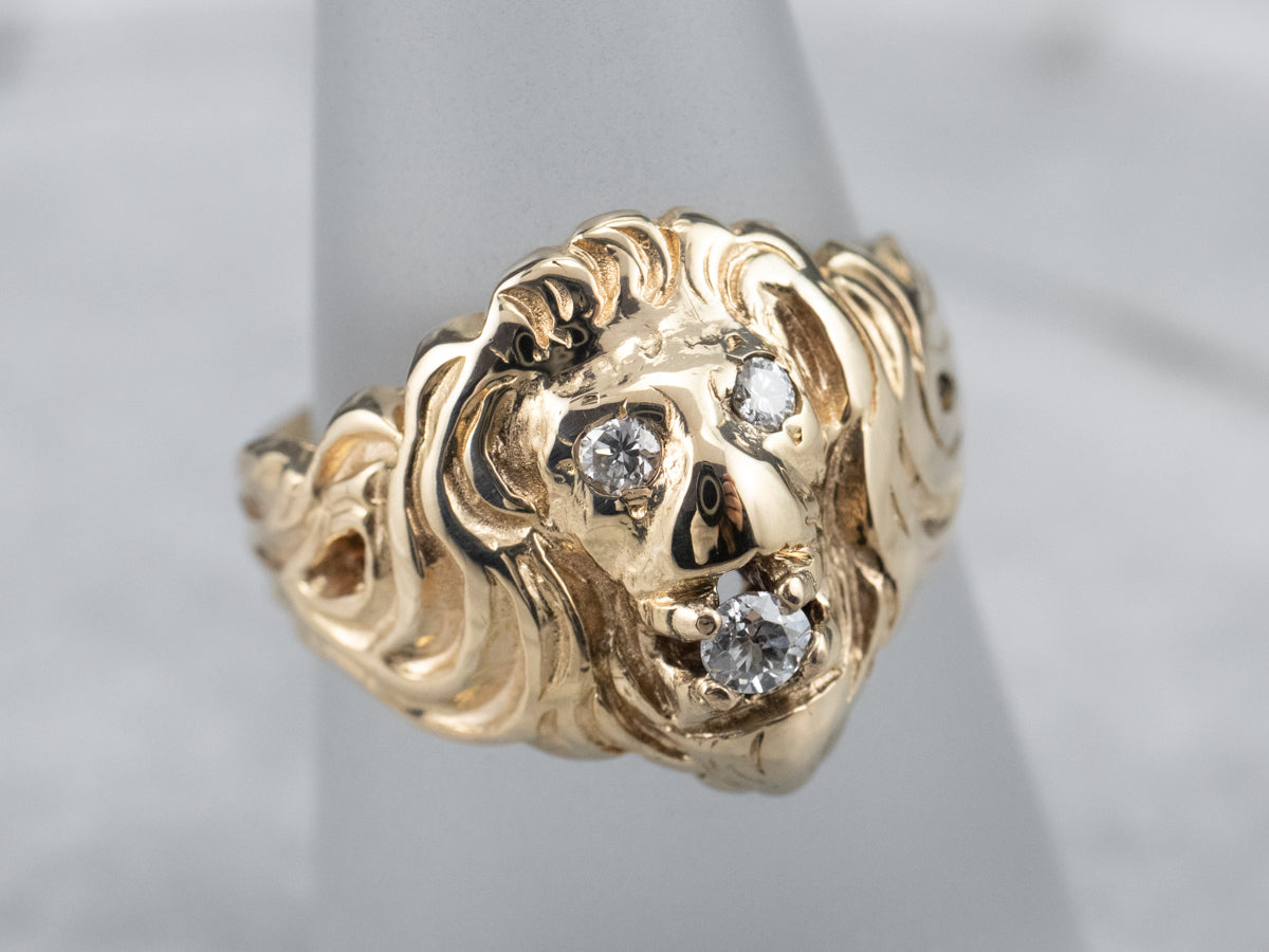 Unisex Gold Diamond Lion Head Ring