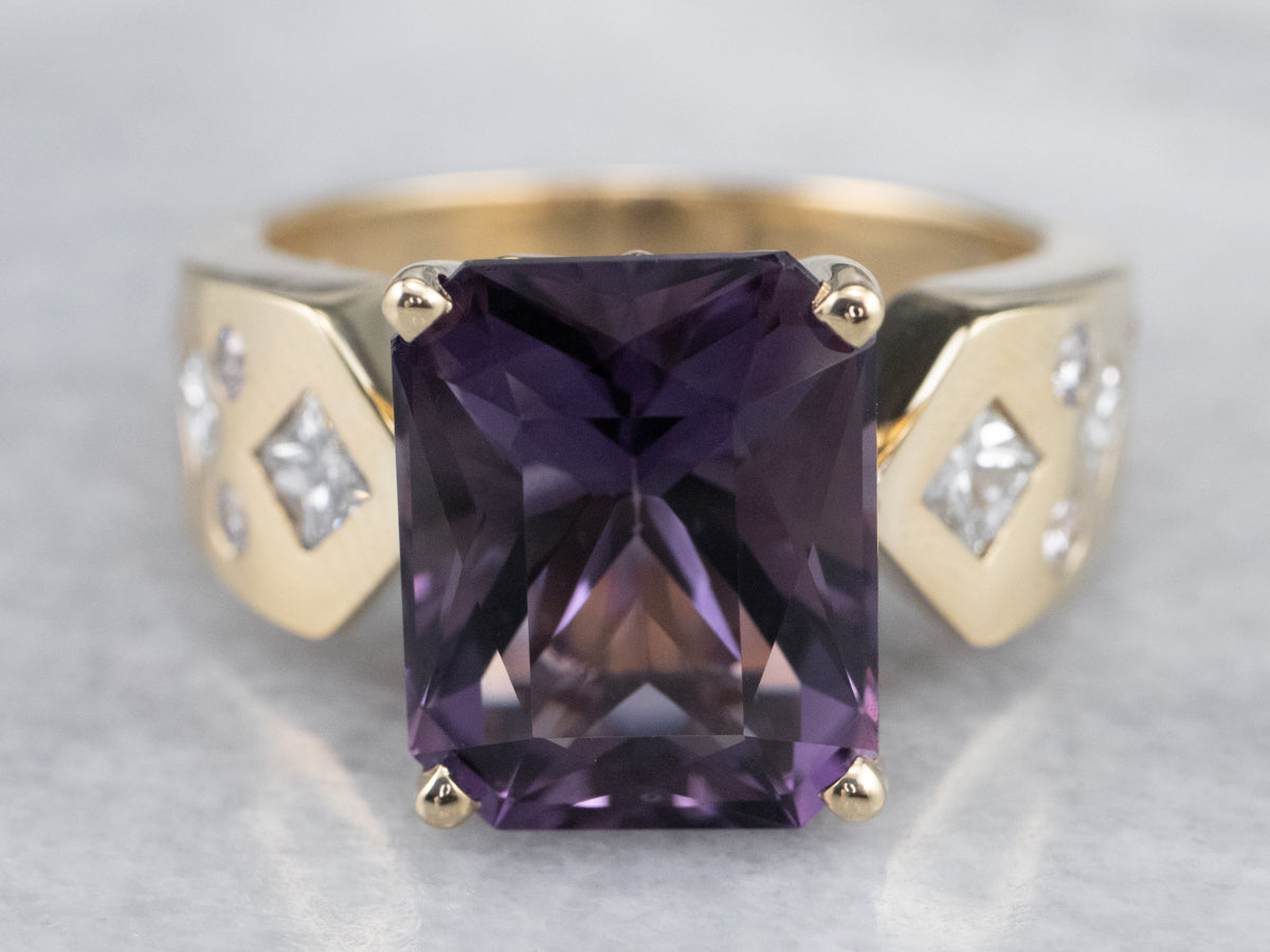 14K Yellow Gold Amethyst and Diamond Ring