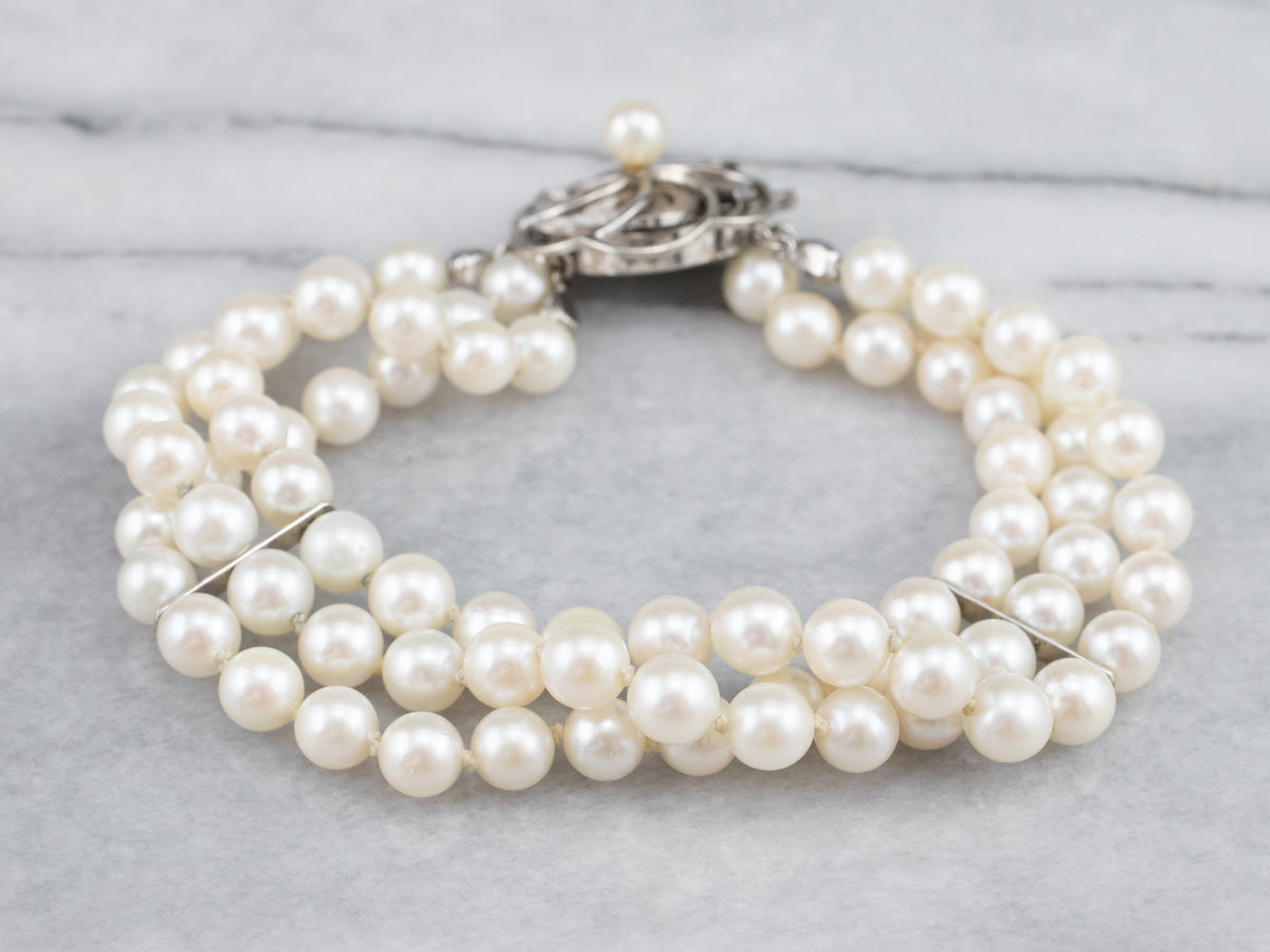 Floral Three Strand Pearl Bracelet