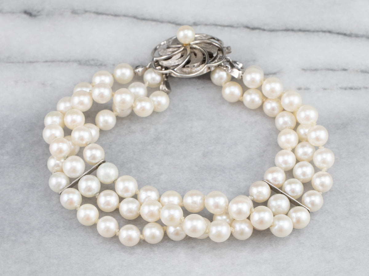 Floral Three Strand Pearl Bracelet