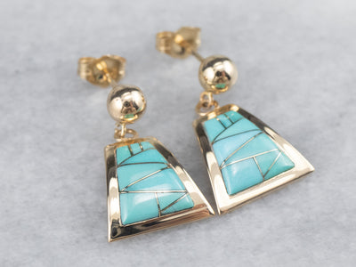 Turquoise Intarsia Drop Earrings in Yellow Gold