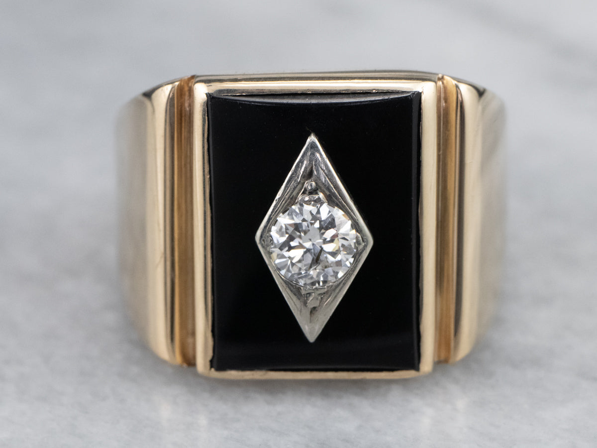 Anillo de oro blanco amarillo de 10 quilates con diamantes y ónix negro