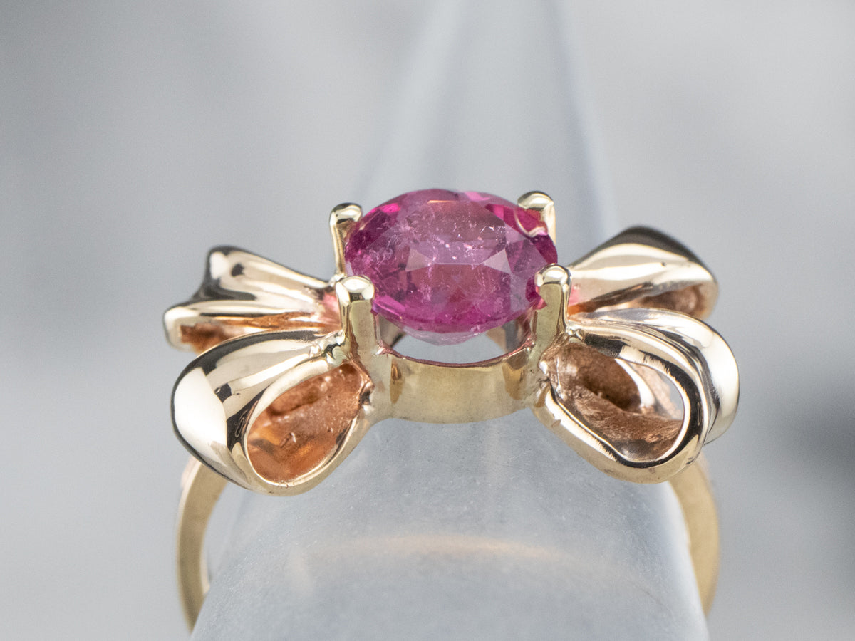 Vintage Pink Tourmaline Golden Bow Ring