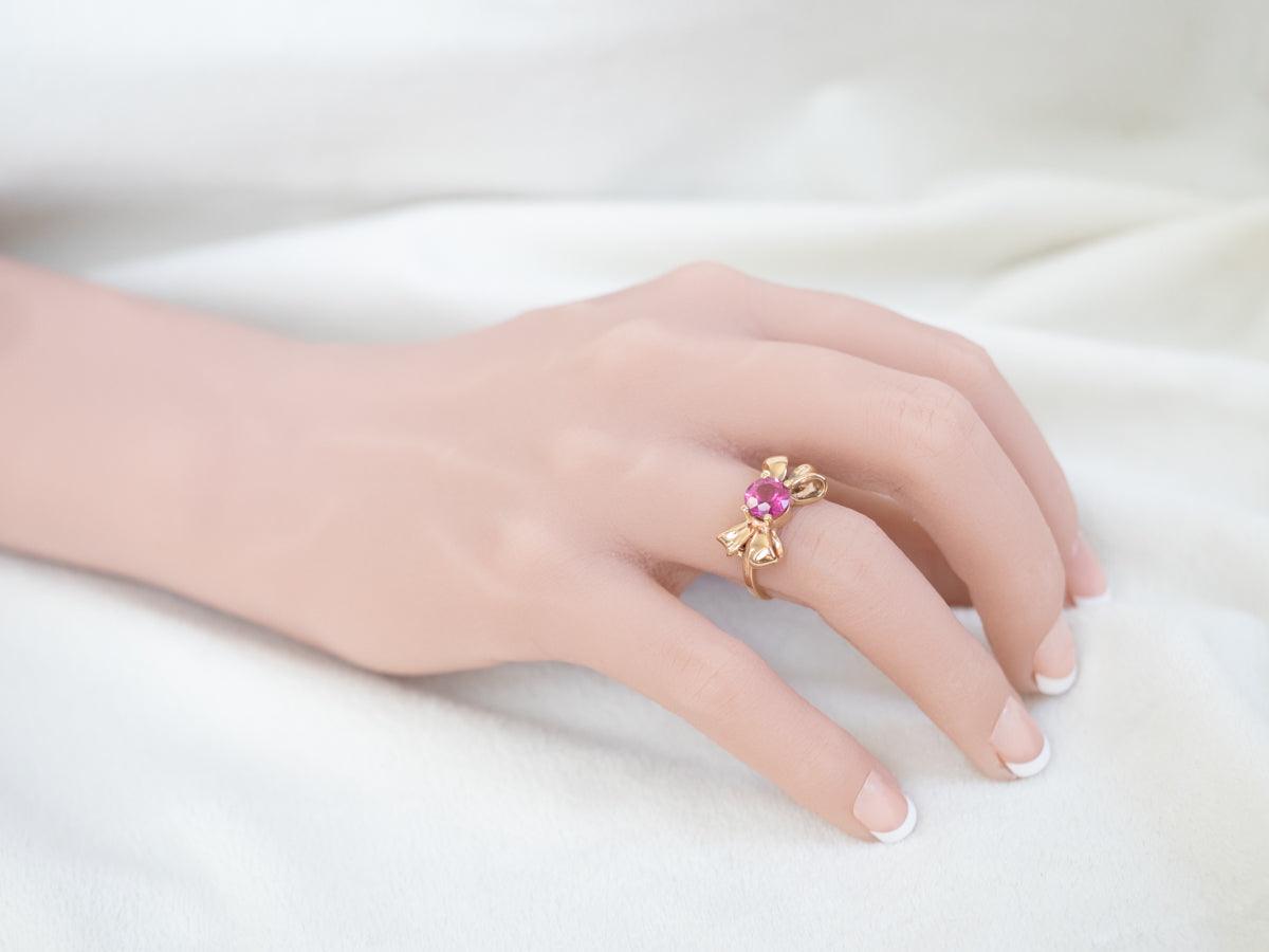 Vintage Pink Tourmaline Golden Bow Ring