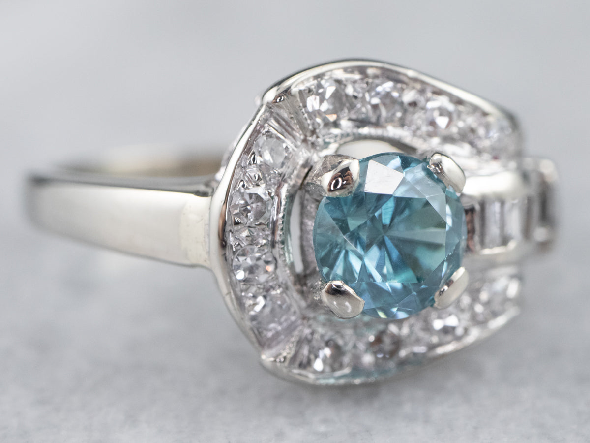 Blue Zircon and Diamond Retro Era Ring in White Gold