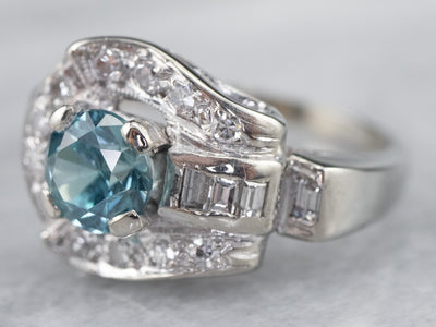 Blue Zircon and Diamond Retro Era Ring in White Gold