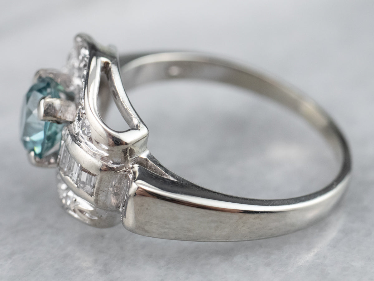 Blue Zircon and Diamond Retro Era Ring in White Gold